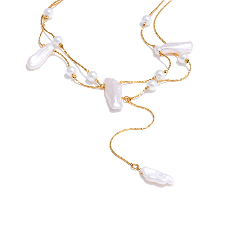 Colar Feminino de Camadas Gota com Pérola em Aço Inoxidável 2