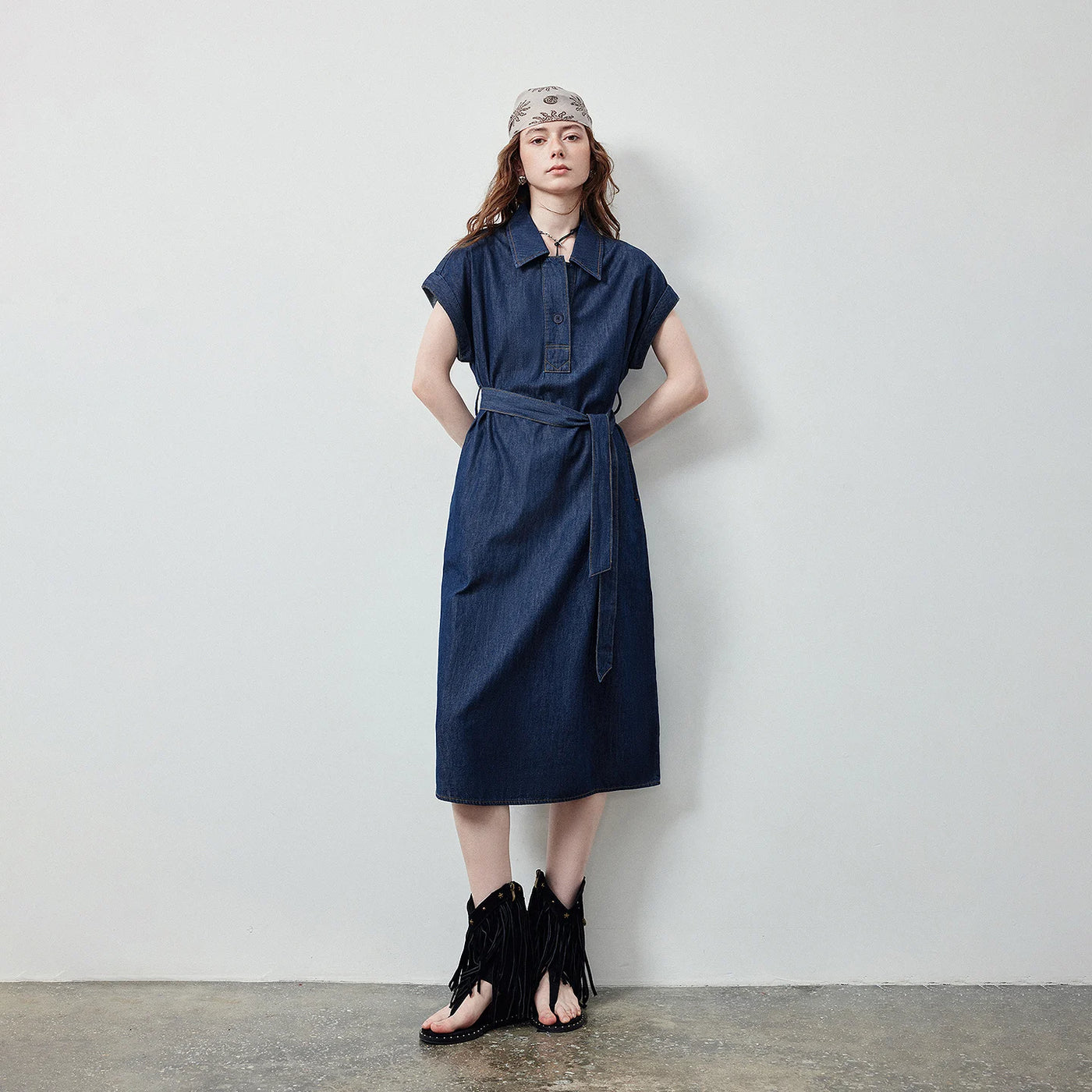 Vestido Chemise Midi Jeans com Cinto
