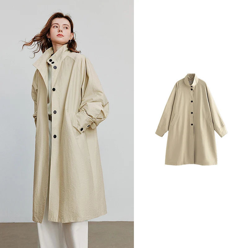Trench Coat Feminino Midi Leve Estilo Barn com Gola Alta Green