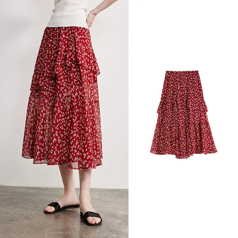 Saia Midi Feminina Floral com Babados
