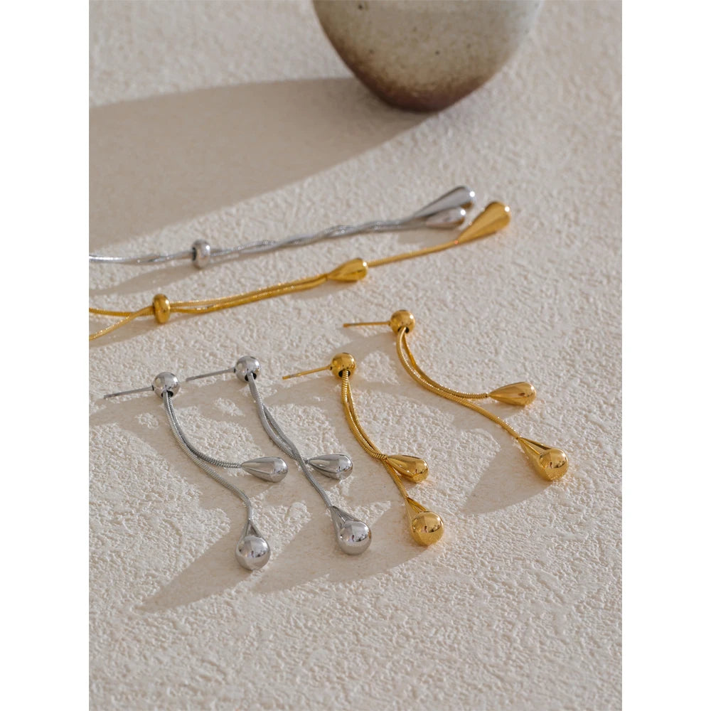 Yhpup Exquisite Stainless Steel Handmade Polished Chain Chest Necklace Water Drop Dangle Fashion Earrings Women Charm Jewelry