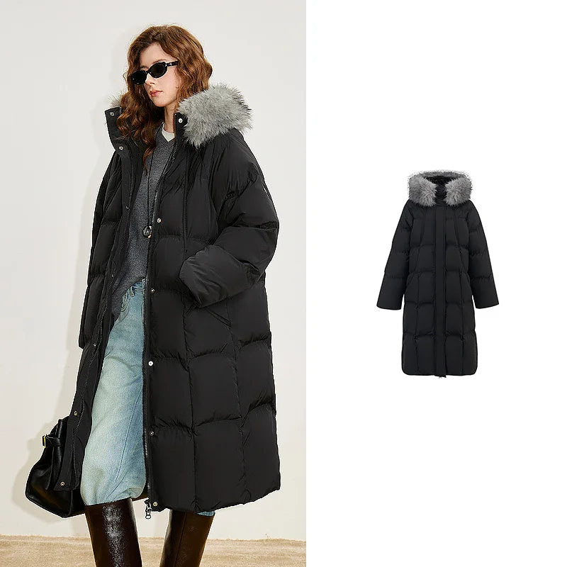 Casaco Puffer Feminino Longo com Capuz e Gola de Pelo black