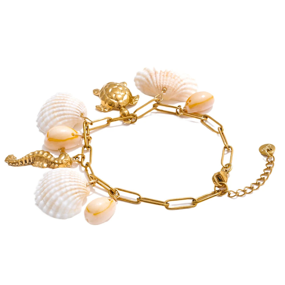 Yhpup Ocean Style Shell Conch Fish Pendant Charm Necklace Summer Stainless Steel Holiday Beach Wear Handmade Jewelry Waterproof YH212A Bracelet