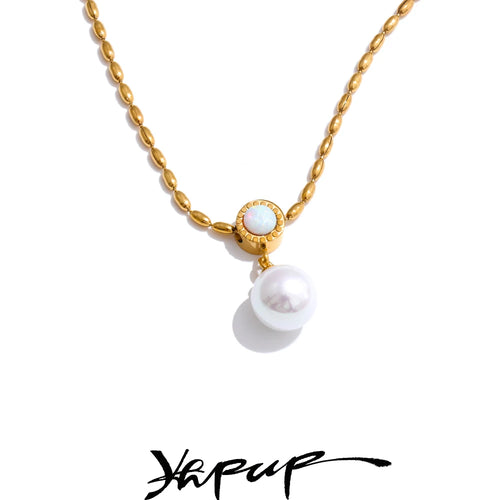 Yhpup New Korean Exquisite Australian Shell Stainless Steel Simulated Pearl Pendant Necklace Daily Versatile Chic Collar Jewelry
