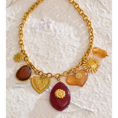 Yhpup Fashion Acrylic Resin Cherry Flower Heart Sun Pendant Charms Necklace Stainless Steel Golden Handmade Jewelry Gift