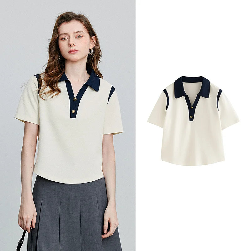 Camiseta Polo Feminina Color Block de Algodão Piquet