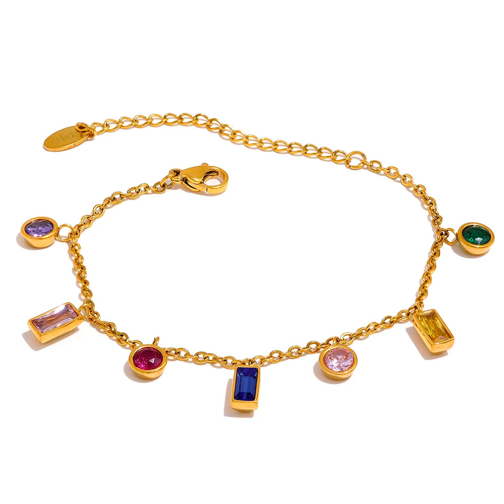 Conjunto Colar e Pulseira Gota com Zircônias Coloridas em Aço Inoxidável Pulseira
