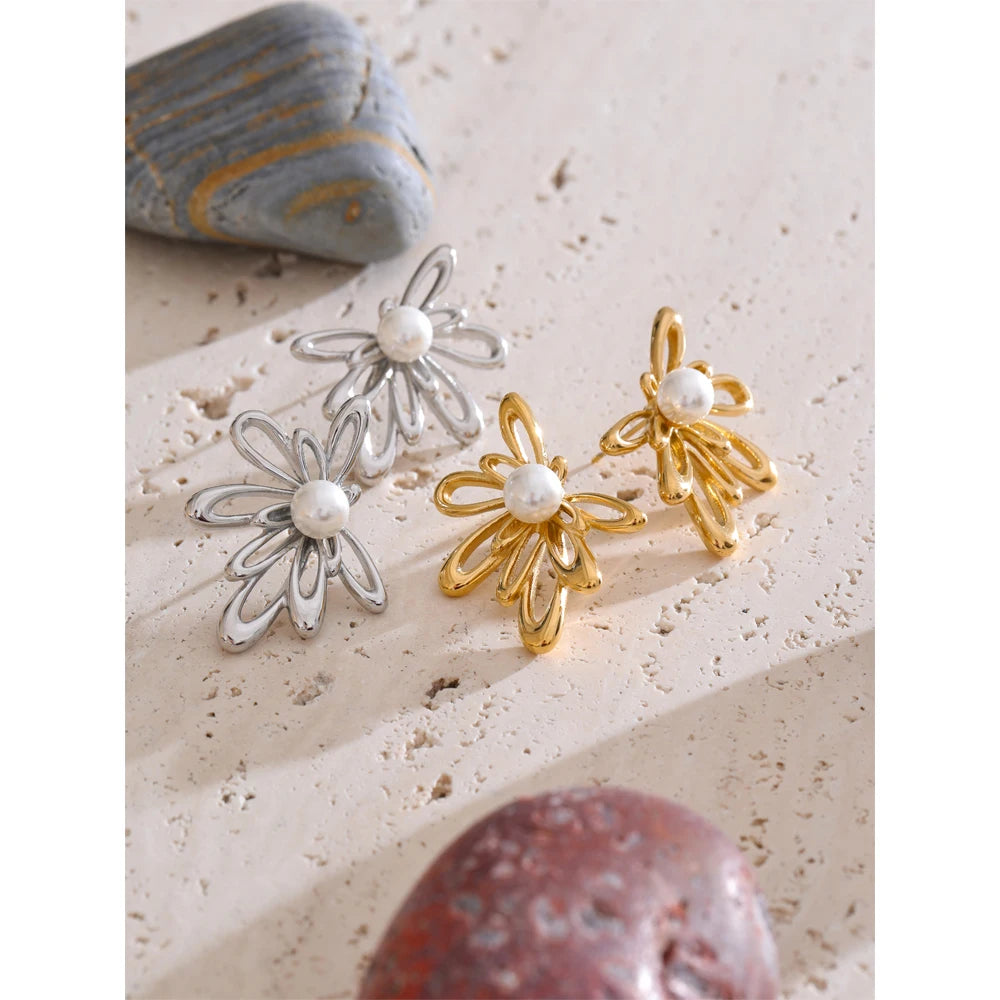 Yhpup Arrivals Hollow Flower Stud Earrings 2025 Stainless Steel Imitation Pearls Trending Elegance Daily Jewelry Rust Proof