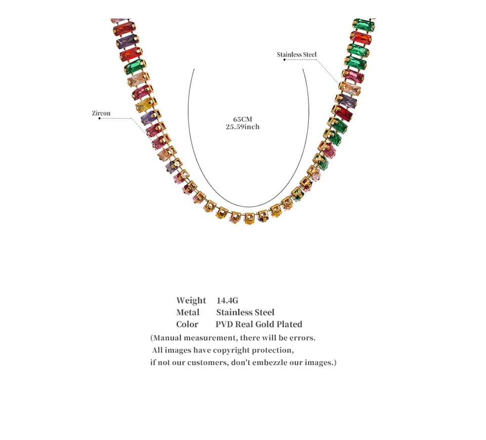 Yhpup Pull-out Adjustable Luxury Colorful Cubic Zirconia Chain Necklace Stainless Steel Waterproof Fashion Bling Jewelry Women