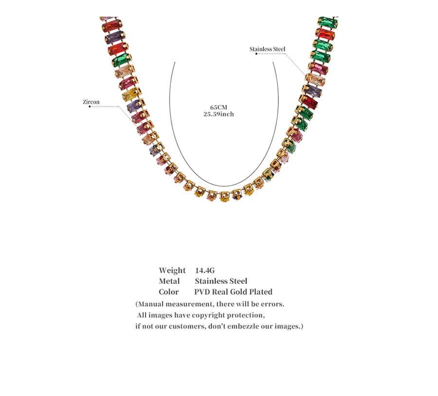 Yhpup Pull-out Adjustable Luxury Colorful Cubic Zirconia Chain Necklace Stainless Steel Waterproof Fashion Bling Jewelry Women