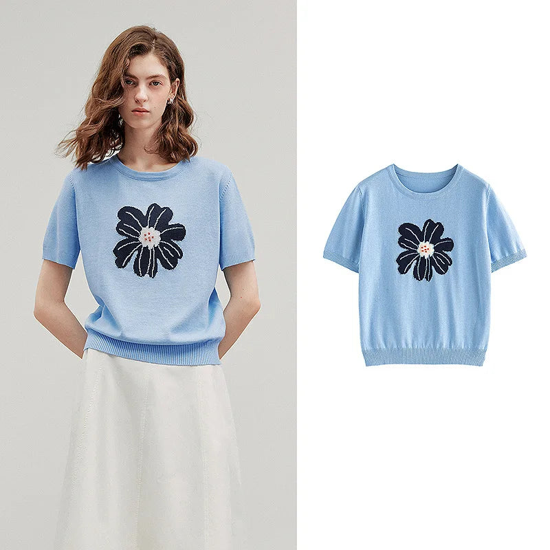 Blusa Feminina de Tricô Floral Manga Curta