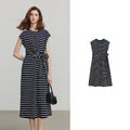 Vestido Midi Listrado de Malha Manga Curta Navy Bule