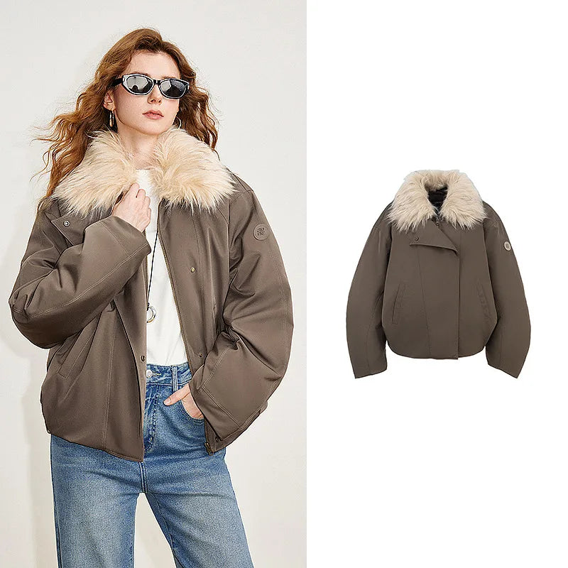 Jaqueta Puffer Feminina com Gola de Fleece Café brown