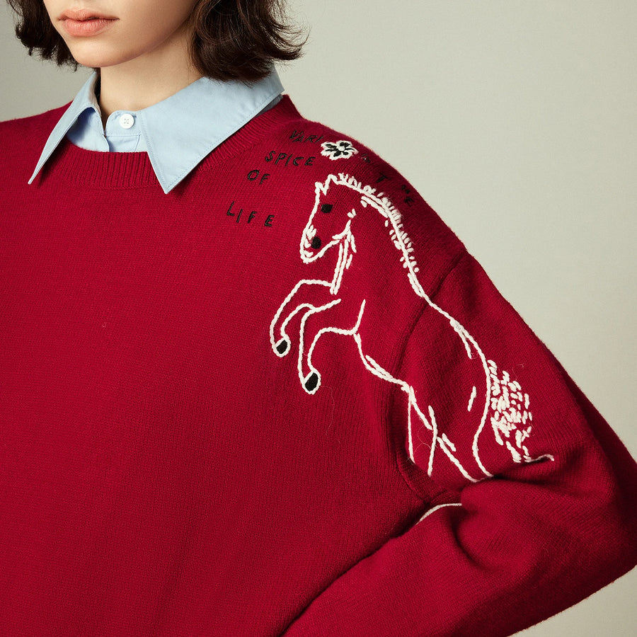 Suéter Feminino Grosso Vermelho com Bordado de Cavalo