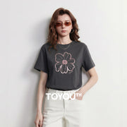Camiseta Feminina de Algodão com Bordado Floral e Paetê