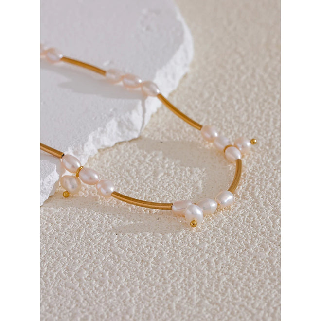 Yhpup Natural Freshwater Pearls Stainless Steel Pipe Handmade Necklace Bracelet Gold Color PVD Plated Fashion Jewelry Bijoux