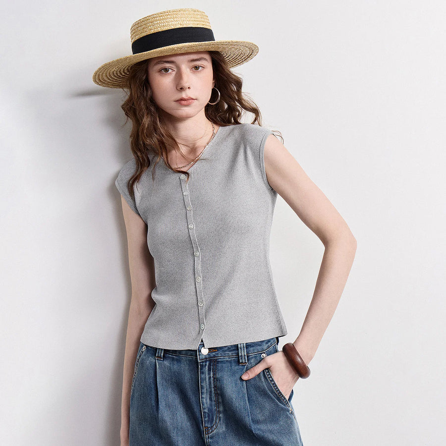 Blusa Feminina Ice Silk Slim com Decote V e Botões