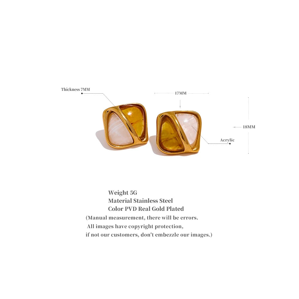 Yhpup Stainless Steel Caramel Resin Square Stud Earrings Statement Metal Waterproof Vintage Stylish France Jewelry Bijoux Femme