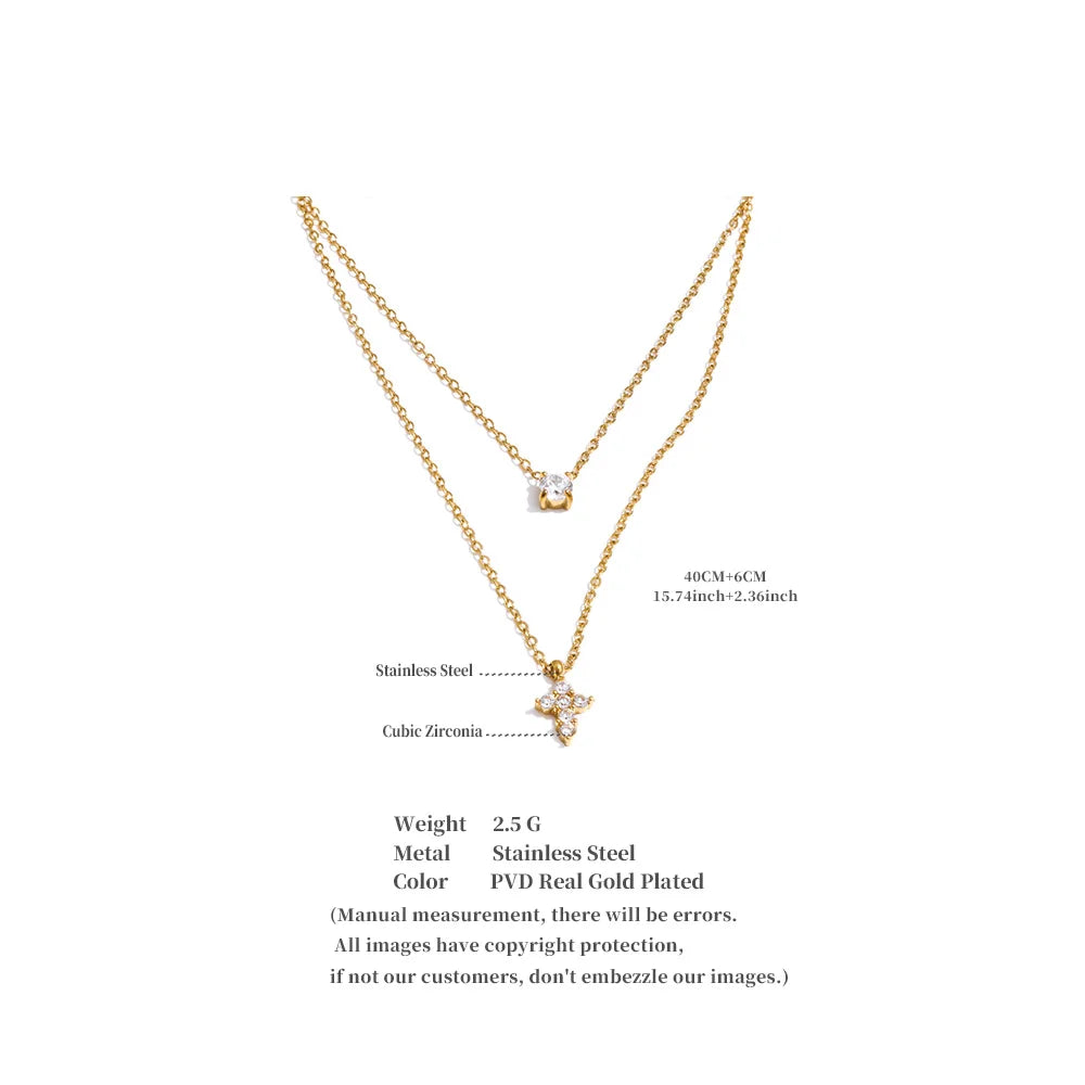 Yhpup High Quality Double-Layer Chain Zirconia Cross Pendant Delicate Necklace Stainless Steel Temperament Fashion Gift Jewelry