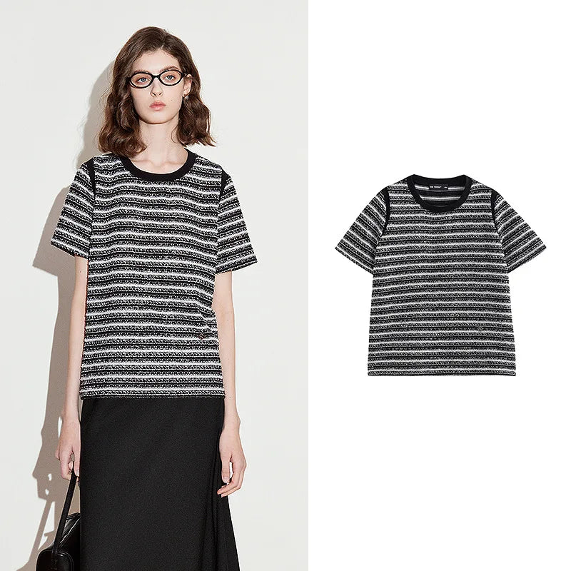 Blusa Feminina de Tricô Listrada Estilo Tweed