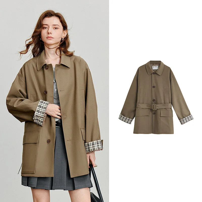 Trench Coat Feminino Midi Xadrez com Cinto Brown