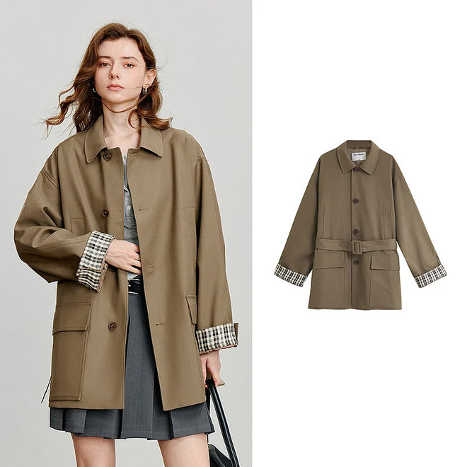 Trench Coat Feminino Midi Xadrez com Cinto Brown