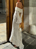 Women's Elegant Lace Up Flared Sleeve Long Dress Fashion Hollow Out Off Shoulder Bodycon Vestidos 2024 Lady New Beach Partywear