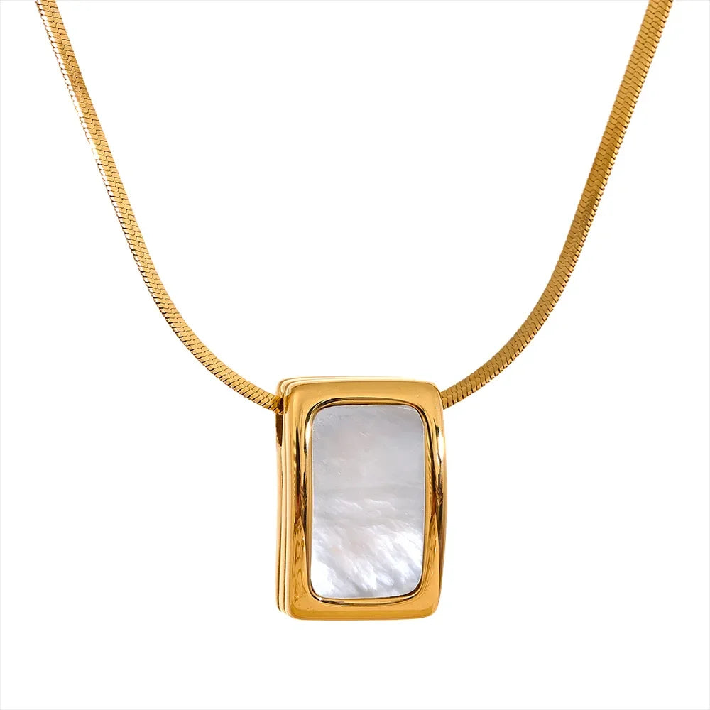 Yhpup Natural Shell Square Thicker Pendant Stainless Steel Fashion Necklace Unisex High Quality Golden Chain Jewelry Men Women YH1402A Gold