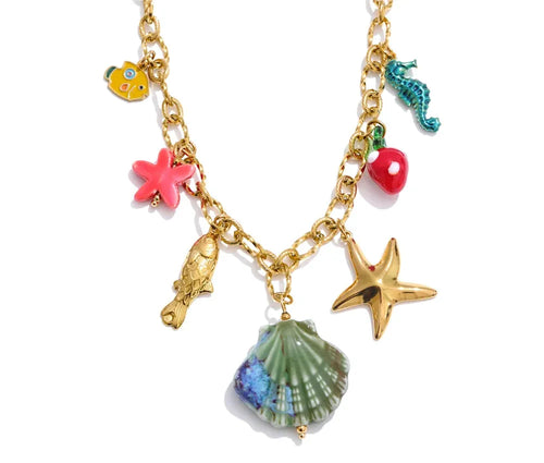 Yhpup 2025 Ocean Style Summer Enamel Ceramic Shell Starfish Pendant Necklace Fashion Trendy Stainless Steel Vacation Jewelry