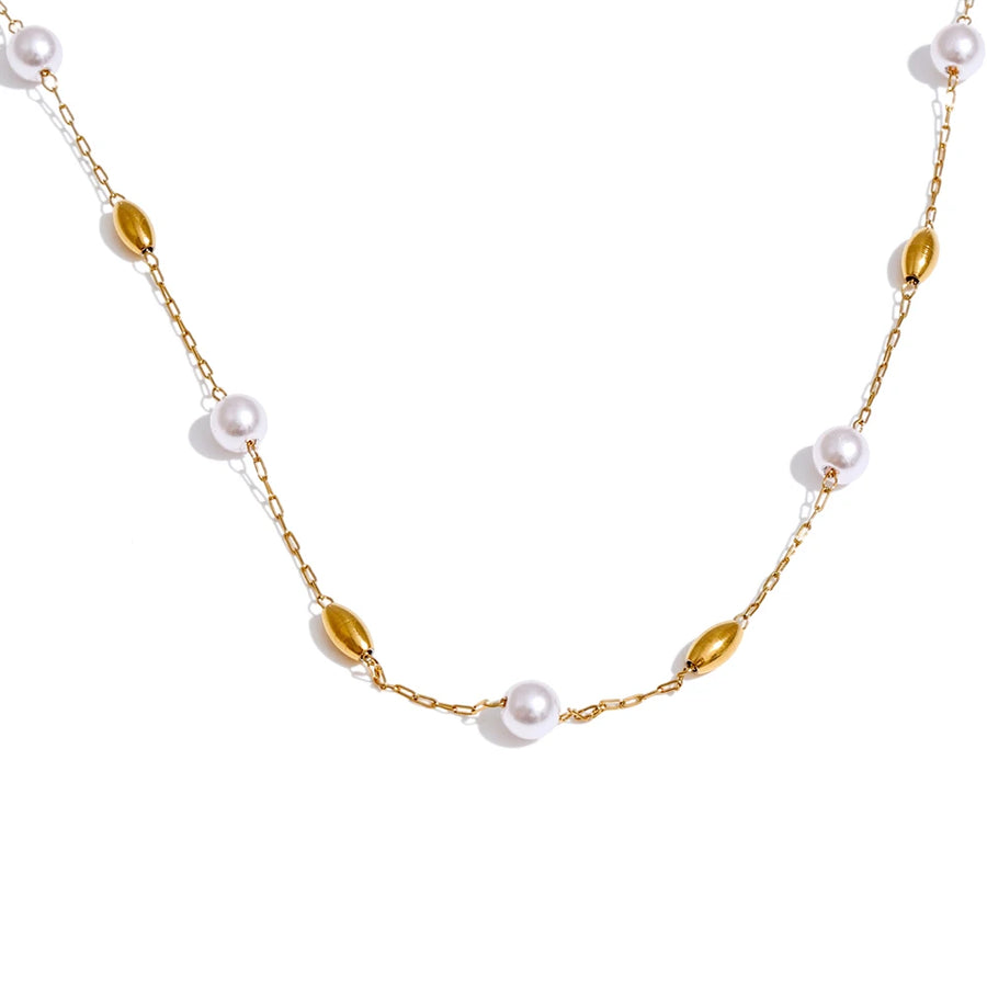 Yhpup Fashion Stainless Steel Simulated Pearls Bead Chain Necklace Tarnish Resistant 18K Golden Plated Collar Chic Neck Jewelry YH787A Gold