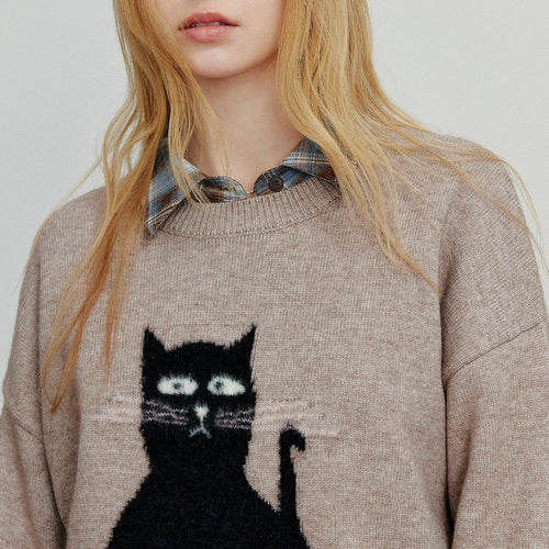 Suéter de Tricô com Jacquard de Gato