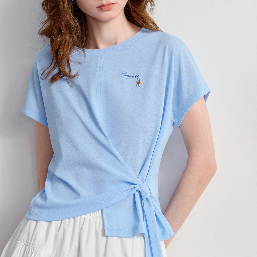 TOYOUTH Women's Asymmetric Wrap Tie T-Shirt 2026 Summer New Long Sleeve Starfish Print Loose Pullover Top