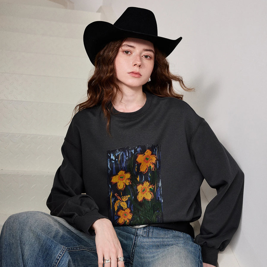 TOYOUTH Women Crew Neck Loose Sweatshirt 2026 Spring New Oil Painting Print Minimalist Chic Casual Top