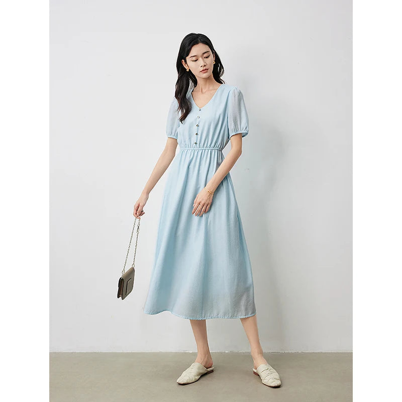 Vestido Midi com Decote V e Manga Bufante Acetinado