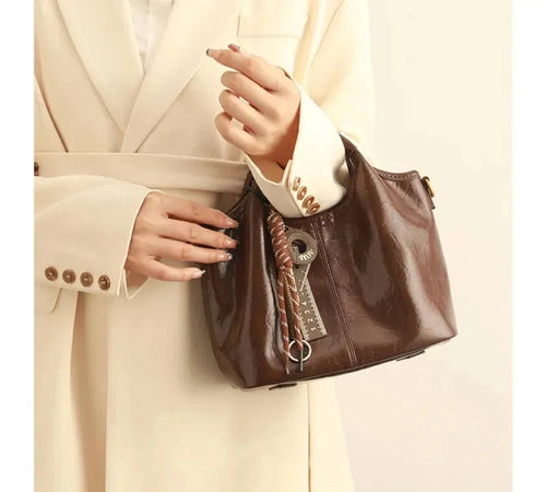 Bolsa Feminina de Couro Legítimo Bucket Vintage com Zíper para Dia a Dia