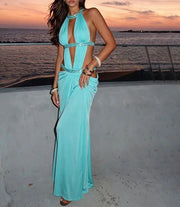 Vestido Midi Feminino Azul Céu com Brilho e Recortes
