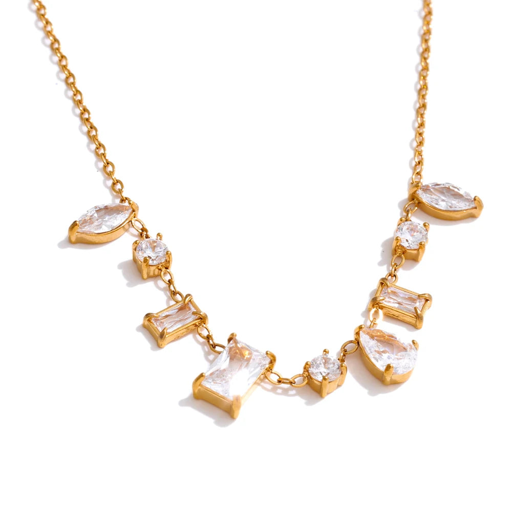 Colar Feminino Geométrico com Zircônias Coloridas em Aço Inoxidável Branco