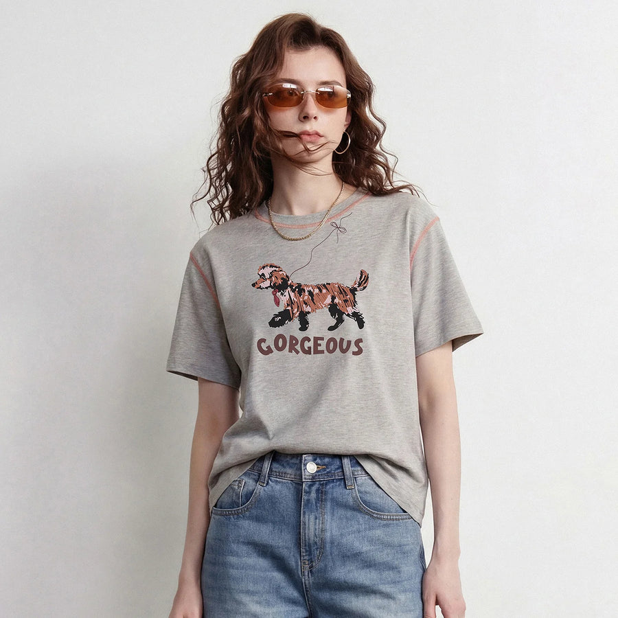 Camiseta Feminina de Algodão Color Block com Estampa Cachorro