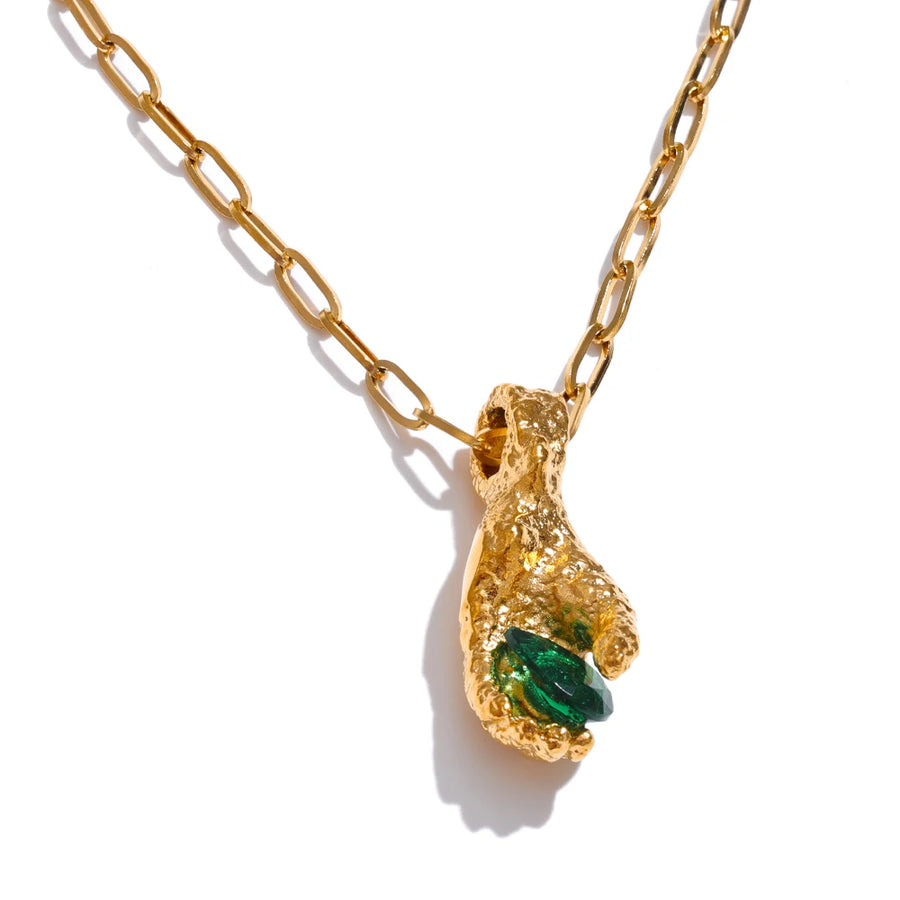 Yhpup Stylish Unique Hand Palm Green Cubic Zirconia Pendant Necklace New Tarnish Resistant Chain Golden Chic Trending Jewelry YH335A