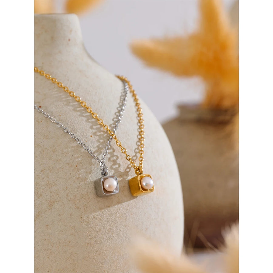 Yhpup GIFT Natural Pearl Exclusive Delicate Stainless Steel Square Pendant Necklace Tarnish Resistant Trendy Charm Jewelry New