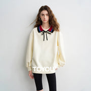 TOYOUTH Women Sweatshirts 2026 Spring New Cotton Knit Striped Turn-Down Collar Loose Fit Niche Stylish Tops