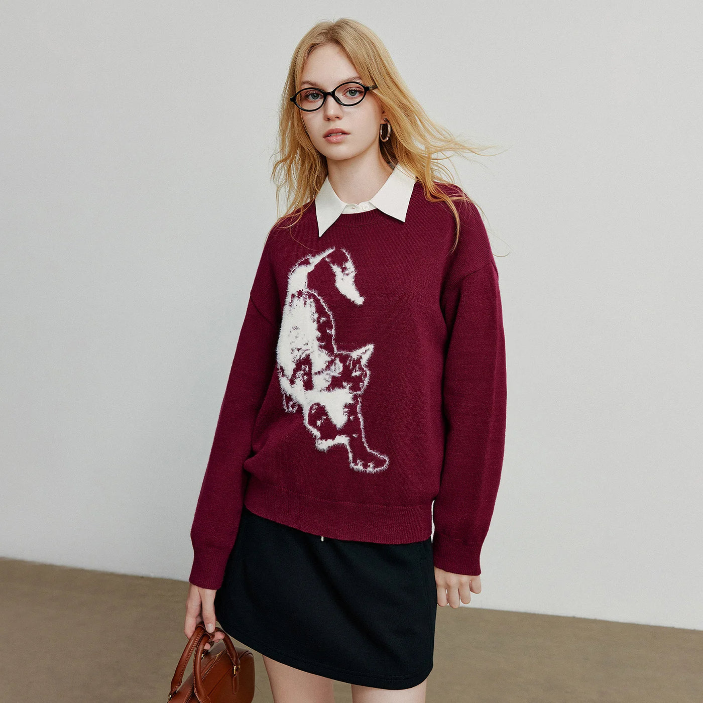Suéter Bordô com Jacquard de Gato