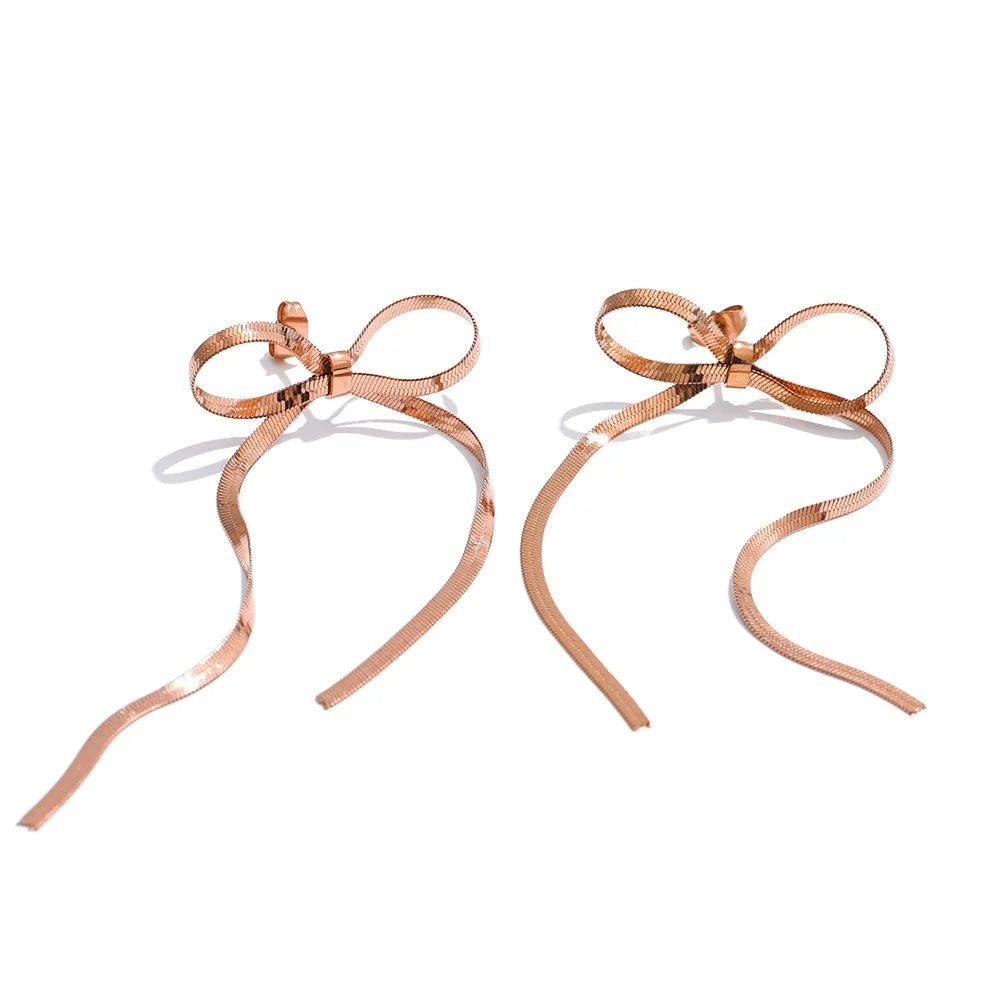 Yhpup Hot Style Stainless Steel Bowknot Blow Chain Long Tassel Drop Earrings 18K Gold Plated Minimalist Popular Jewelry
