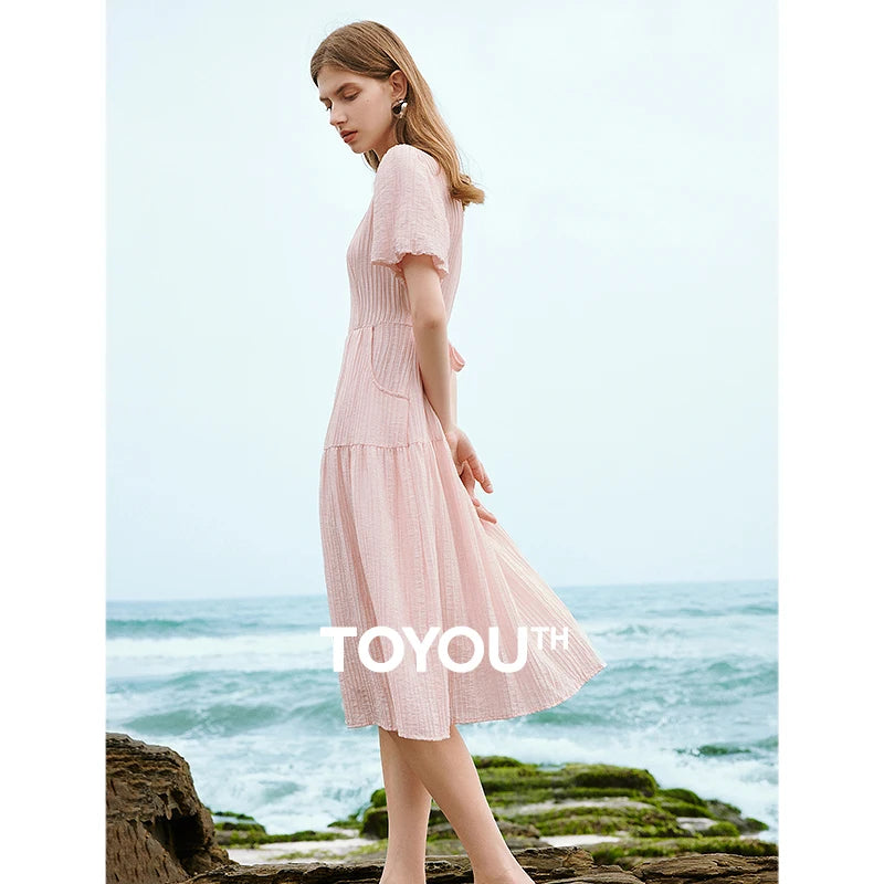 Vestido Midi Plissado com Manga Bufante