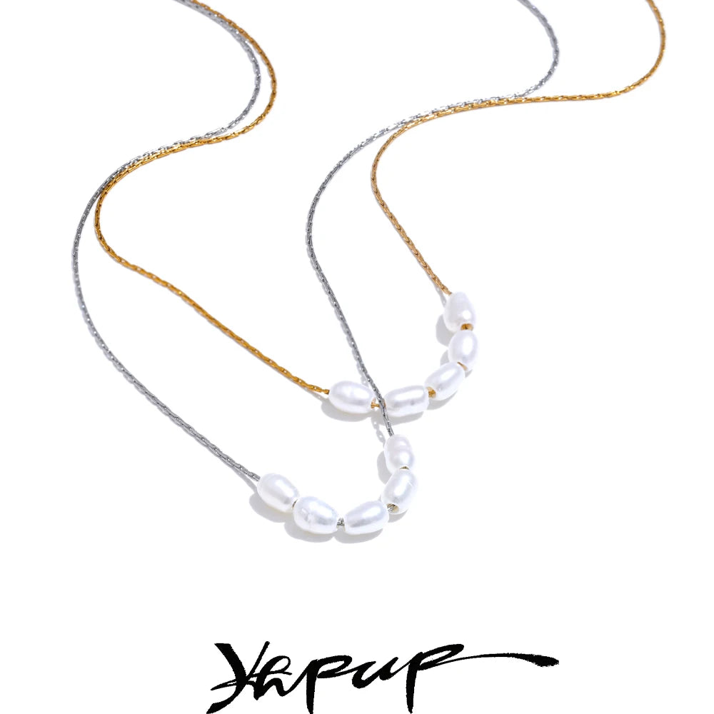 Yhpup Natural Freshwater Pearls Stainless Steel Chain Necklace for Women Waterproof Chic Fashion Collar Jewelry Gift Waterproof