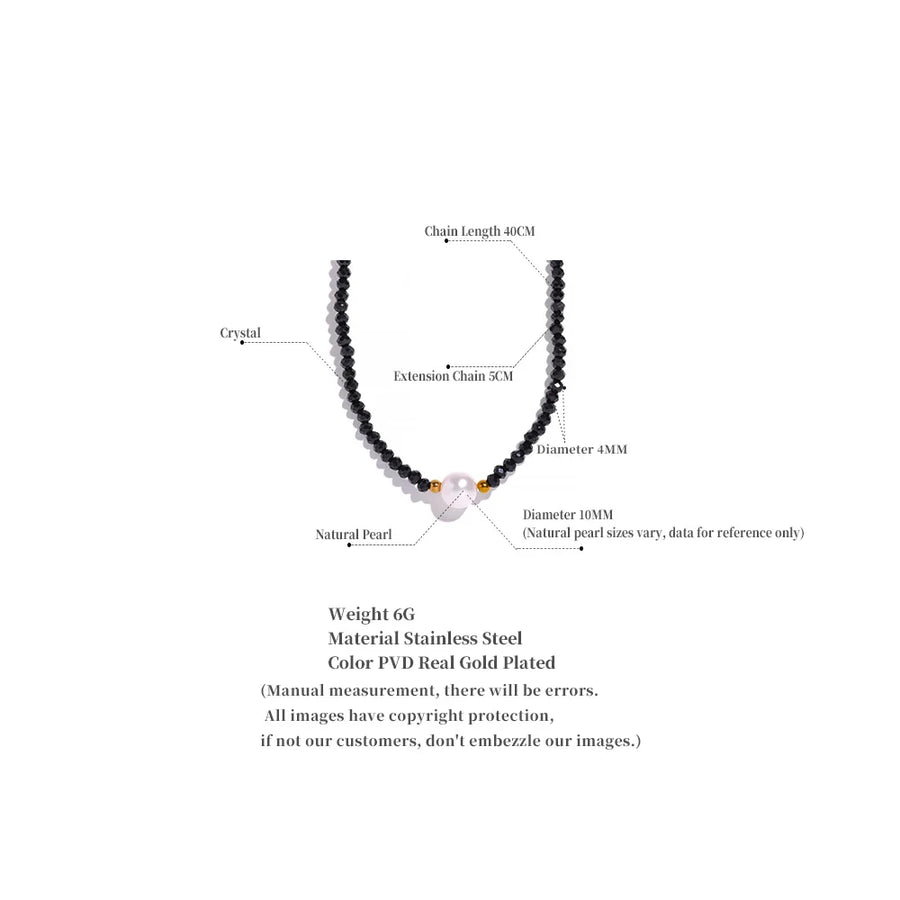 Yhpup Black Crystal Beads Chain Stainless Steel Natural Pearl Collar Necklace for Women Handmade Trade Trendy Simple Jewelry