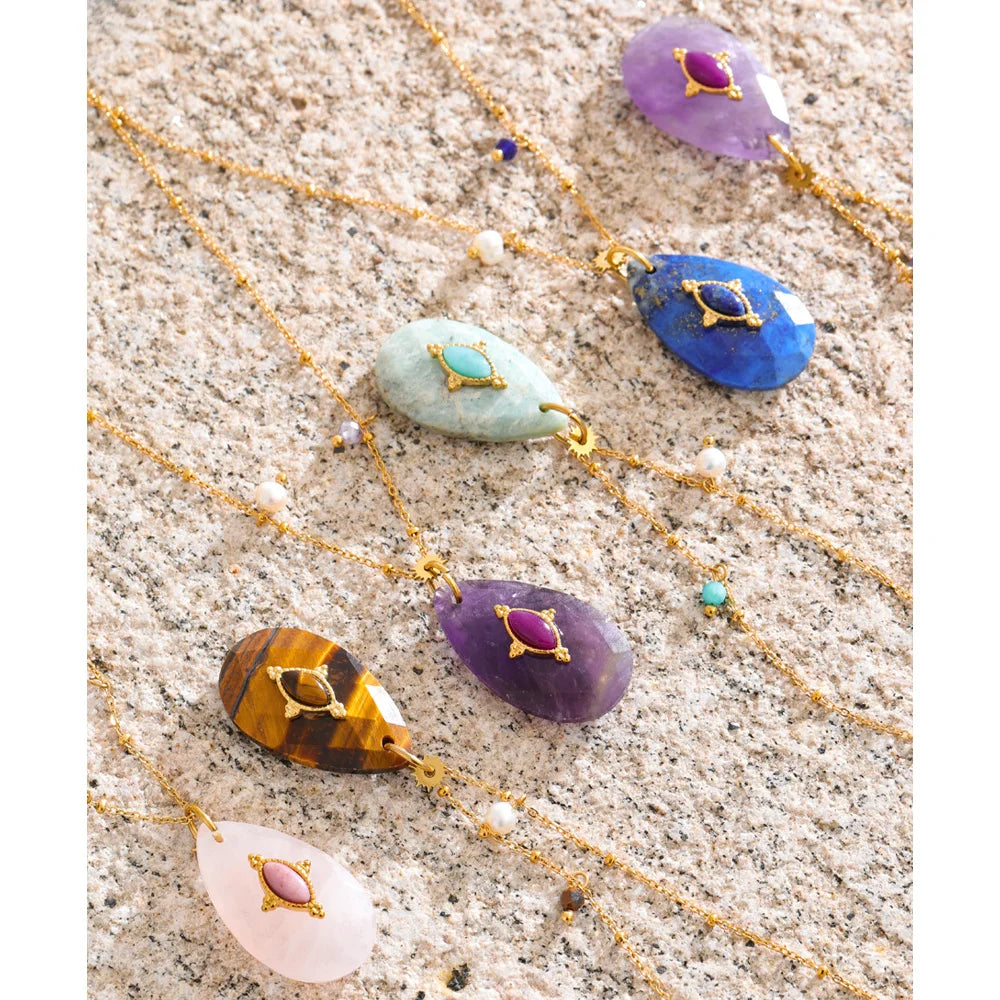 Yhpup 32mm Natural Stone Amazonite Tiger Aventurine Amethyst Drop Pendant Necklace for Women Stainless Steel France Jewelry Gift