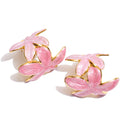 Yhpup Green Pink Enamel Golden Flower Huggie Earrings for Women Exquisite Stainless Steel Daily Versatile Fashion Jewelry Gift