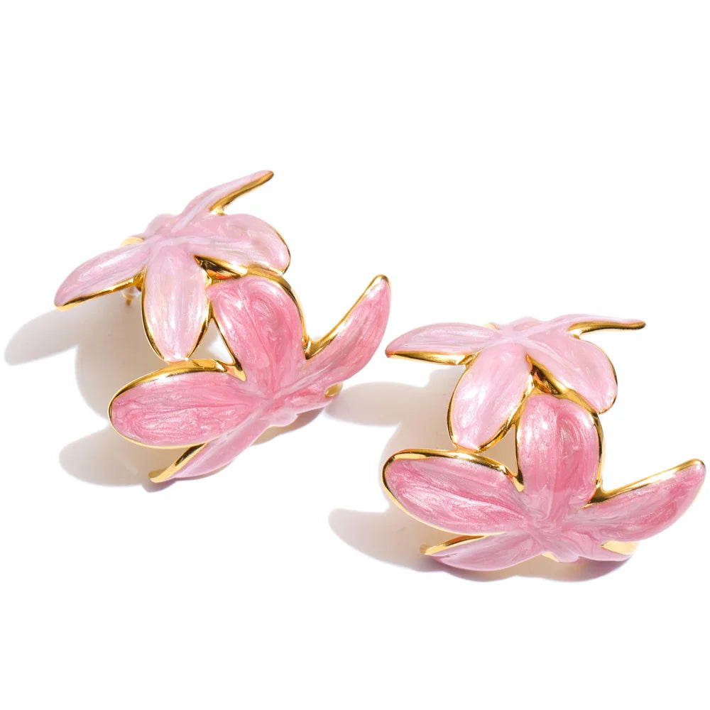 Brinco Flor Esmaltado Aço Inoxidável Rosa