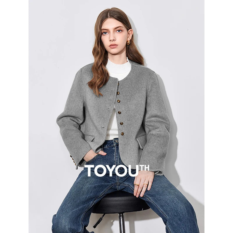 Casaco Feminino de Lã com Gola Redonda Cinza
